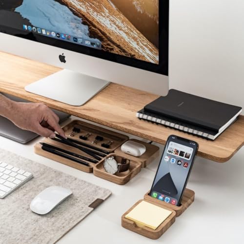 Image of Wooden Desk Organizer with Phone Stand, Multi-Compartment Stationery Holder, Natural Wood Finish (STYLE-4)