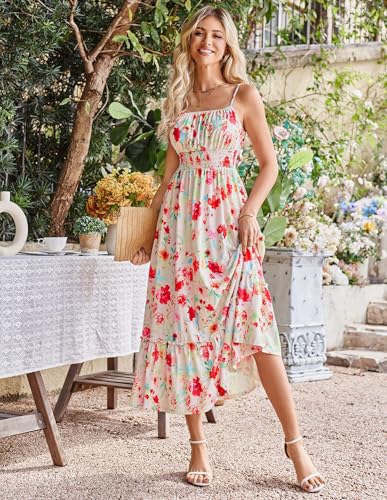 Image of GRACE KARIN Summer Dresses for Women 2026 Vacation,Smocked Floral Maxi Dresses,Boho Beach Long Sundress Red White Floral S