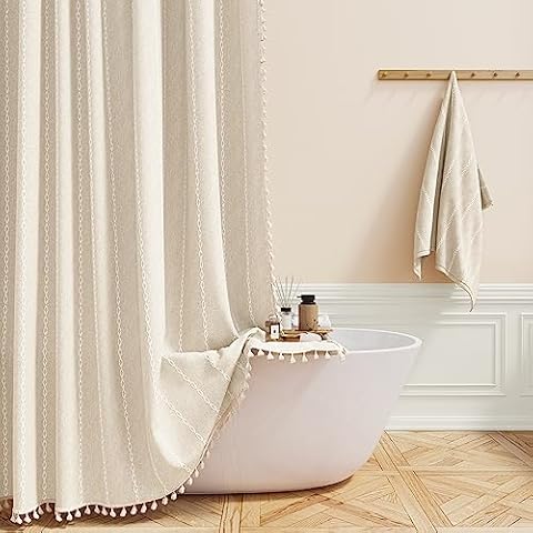 BTTN Boho Farmhouse Shower Curtain, Linen Rustic Weighted Striped Cloth Shower Curtain Set with Tassel, Water Repellent, Bohemian Vintage Country Fabric Shower Curtain for Bathroom, Cream/Beige, 72x72 Cover
