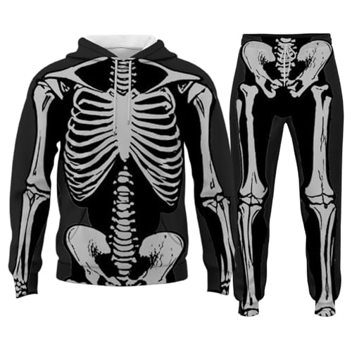 Generisch Conjunto de chándal para hombre, cómodo y informal, conjunto de 2 piezas con disfraces de Halloween, estampado de esqueleto y bolsillos, traje de chándal de algodón holgado, sudadera con