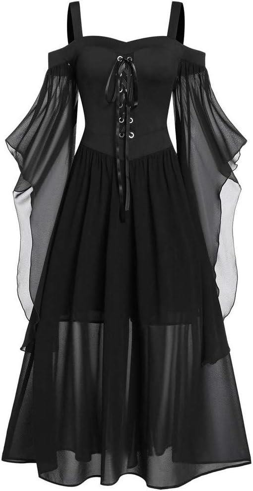 Lookhy Womne Plus Size Cold Shoulder Butterfly Sleeve Lace Up Halloween Dress Medieval Costume Women Corset Vintage Dress Renaissance Club Clothes Black