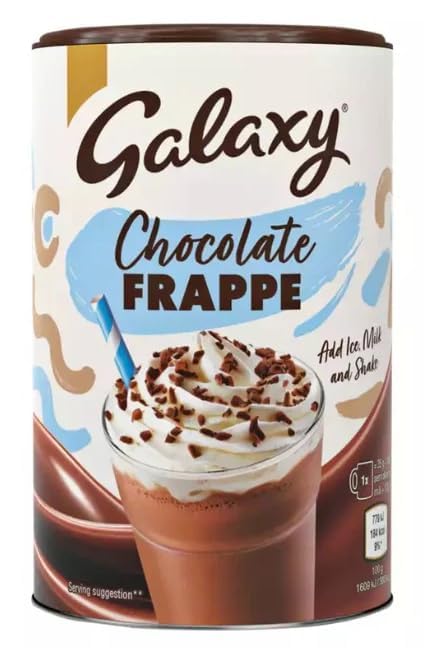 galaxy chocolate frappe instant drink mix, add ice milk and shake, powder form, 280g tin, (product of uk) by decadent