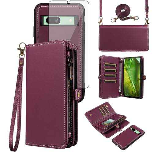 Coque Google Pixel 8a portefeuille en cuir violet avec cordon et verre trempé Asuwish