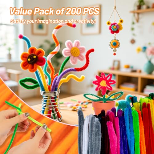 RAINFLOW Pipe Cleaners Craft Supplies - 200 PCS Chenille Stems Fuzzy Craft Wire for Handicrafts Twisting Stick DIY for Craft Bouquets Animals Halloween Christmas Easter Birthday (Orange)