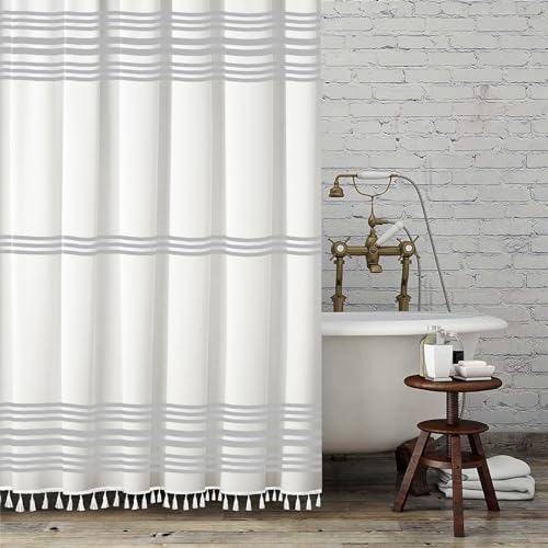 Seasonwood Grey and White Shower Curtain with Tassels Modern Farmhouse Shower Curtains for Bathroom Decor 72L”x72W” Machine Washable Fabric Bath Curtain Sets with Hooks