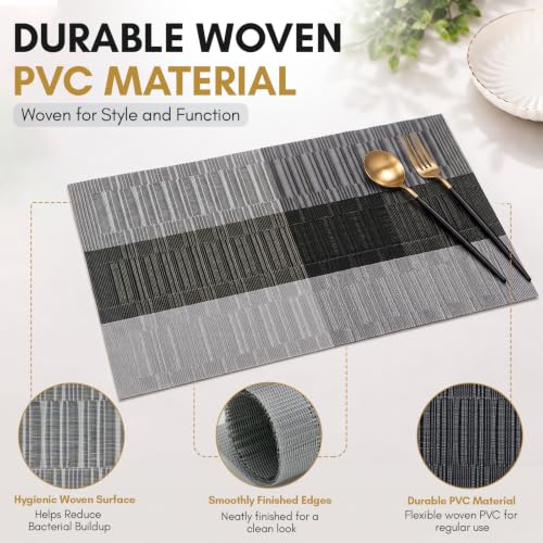 Image of Solitude Set of 6 Dining Table Placemats | Non-Slip PVC Table Mats, Heat Resistant, Washable, Stain-Resistant Surface, (Silver & Black, 45 x 30 cm)
