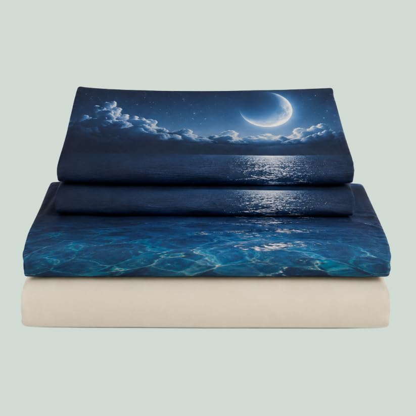 INTRECCI Set Completo Lenzuola Matrimoniali 100% Cotone | Fantasia: Dis.04 Sea Moon | Stampa Digitale di Alta Qualità | Morbido, Traspirante, Per Pelli Sensibili | Resistente in Lavatrice