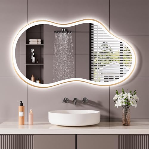 Image of WTTY LED Irregular Bathroom Mirror 26x46 Inch with Front & Back Lights - Asymmetrical Design, Anti-Fog, Dimmable 3 Color Temperatures, Shatterproof Glass, Horizontal or Vertical Mount (Gold Frame)