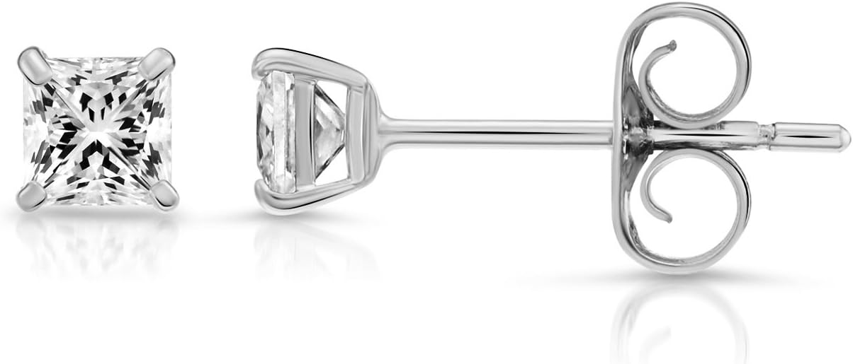 14k White Gold Princess Cut CZ Stud Earrings Real Gold Cubic Zirconia Studs with Solid Gold Backs Square