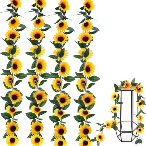 Lot de 4 guirlandes de tournesols artificiels de 2,32 m - Guirlande de fleurs artificielles en soie - Décoration à suspendre - Faux tournesol - Guirlande de...