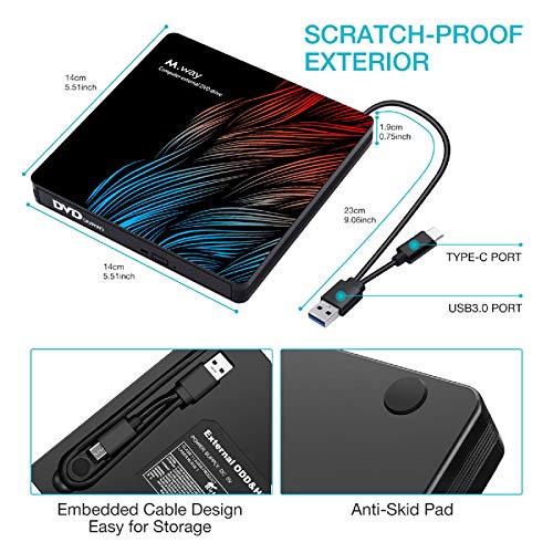 External DVD Drive, M WAY USB 3.0 External DVD CD ROM Drive, USB-C External DVD Player, Portable DVD +/- RW Optical Drive for Laptop PC Computer MacBook OS Windows 7/8/10/Linux (with Storage Bag)
