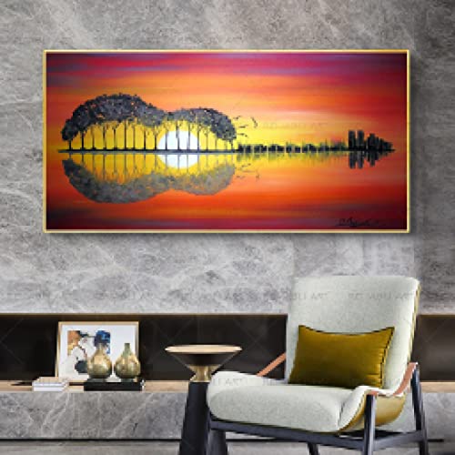 Affiche guitare abstrait peinture sur toile paysage de lac grand format 80x160cm sans cadre