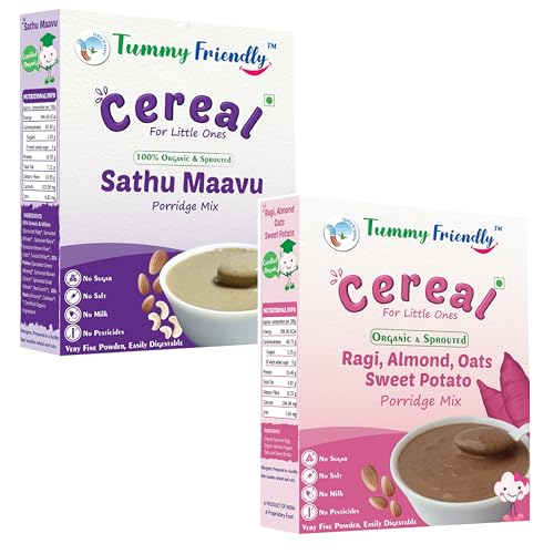 Image of TummyFriendly Foods Certified Organic Sprouted Sathu Maavu Porridge Mix. Made of Sprouted Ragi, Whole Grains, Pulses & Nuts. Organic Baby Food For 8+ Months Baby. Shelf-life 9 month-200g (Sathu, Ragi)