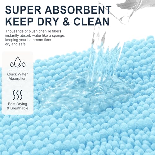 Image of Smiry Thick Chenille Bathroom Rugs 36x24, Extra Soft Absorbent Striped Bath Mat, Machine Washable, Rubber Backing, Bath Rugs for Bathroom, Tub & Shower, Home Decor Accessories, Sky Blue