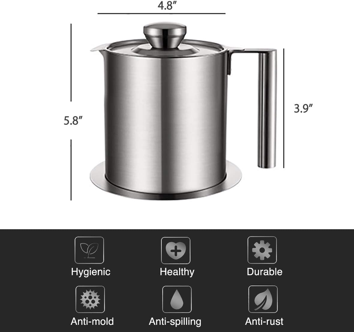 EAMATE Stainless Steel Oil Strainer, 1.2L/1.3 Quart Oil Storage Can, Bacon Grease Container Keeper with Fine Mesh Strainer