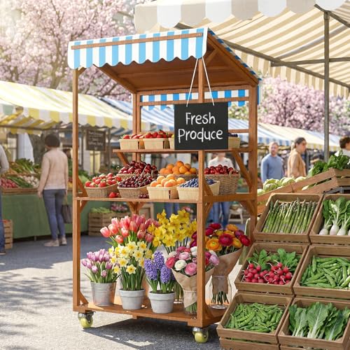SUNRISELAND Wooden Farm Stand Cart Solid Wood Farmers Market Stand with Wood Roof Heavy Duty Display Table with Lockable Wheels for Events & Small Business Light Brown