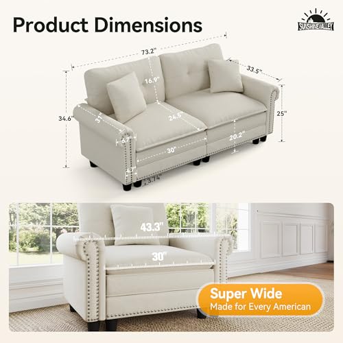 Image of SUNSHINE VALLEY 73.2 inch Modular Loveseat Cloud Couch Rolled Arms & Deep Seats | Mid-Century Modern 2-Seater Loveseat, Beige, Nailhead Trim, Wider & Deeper Seats, Soft Linen Sofa for Living Room Bedroom