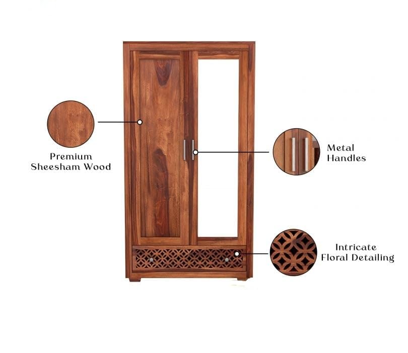 Image of Sheesham Wood Wardrobe with Mirror, 3 Drawer and 5 Shelves Storage for Bedroom Wooden Almirah for Clothes for Living Room Bedroom Home, Solid Wood Furniture (Brown Finish)