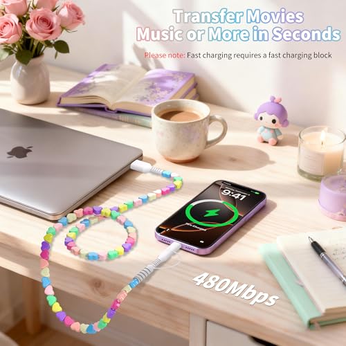 Image of Aolcev USB C Cable 66W 2 in 1 Multi USB to USB C Fast Charging Cable 3.3FT Beaded for iPhone Charger Star Beads USB Type C Charger Cord for iPhone 17 16 15 14 Pro Max Galaxy S25 S24 Colorful Hearts