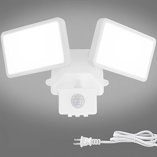 DLLT LED Motion Sensor Outdoor Light, 20W 6000k Plug in Security Lights 2 Adjustable Heads IP65 Waterproof Motion Detected Flood Light for Garage Yard Garden Porch