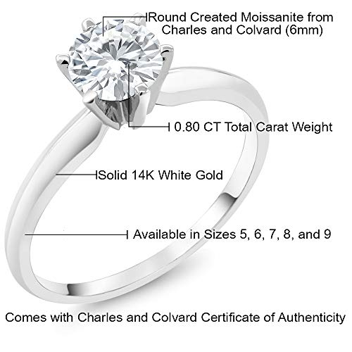 Gem Stone King 14K White Gold Moissanite Solitaire Engagement Ring For Women | 0.80 Cttw | Round 6MM | Gold Ring For Women | Available In Size 5,6,7,8,9 6