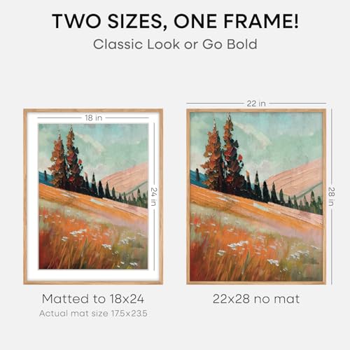 Image of Homeforia Wooden Poster Frame 22x28, High End Natural Oak 22 x 28 Picture Frame with Mat 18 by 24, 22x28 Light Wood Frame Matted to 18x24 Photo, 28by22 Large Frames, Tempered Glass, Wall Kit, Set of 1
