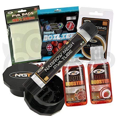 NGT Carp Fishing Bait Set Fast Dissolving PVA Tube Bags String Boilies Grinder & Liquid Glugs
