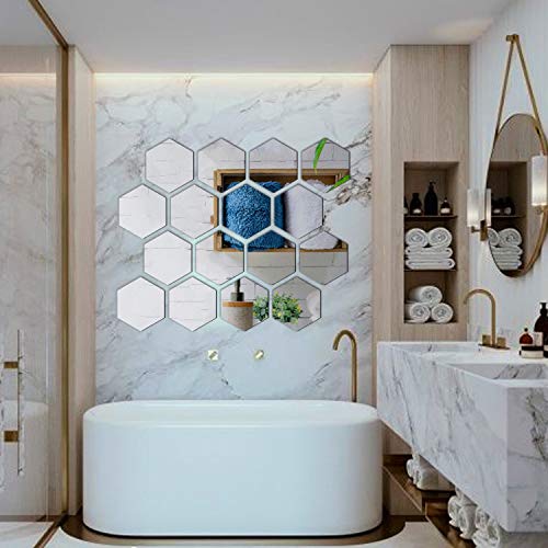 E Evenlim 12 Pieces Hexagon Acrylic Mirrors 3D Wall Decor Tile Sticker, Silver Wall Decals For Bedroom Living Dining Bath Room Decorations Aesthetic For Teen Girls Boy (7.9''X6.7''X4'')… #TOP6