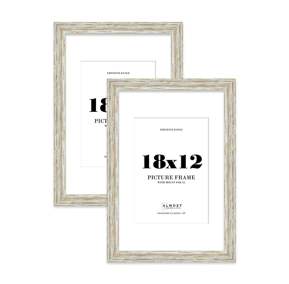 18x12" Distressed White Oak Picture Frame with A4 Mount - Aged Photo Frame with Distressed Finish, Wall Hooks, 32mm Edge - 2 Pack