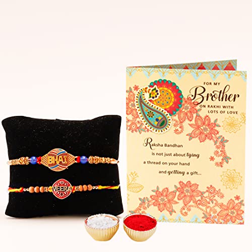 Image of ARCHIES Rakhi for Brother Rakshabandhan Combo of 2 Quirky Veera Rakhis With 1 Roli & Chawal Set-10gm & Greeting Card (Pack of 4) for Bhaiya|Bro|Bhai
