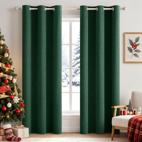 Image of MIULEE 100% Blackout Linen Curtains for Bedroom 42x84 Inches Emerald Green