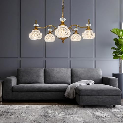 Montex CL005 Vintage Pendant Light Fixture 5 Lights Gold Brass Vintage Chandelier Crystal Glass Shade Brass Pendant thumb #5