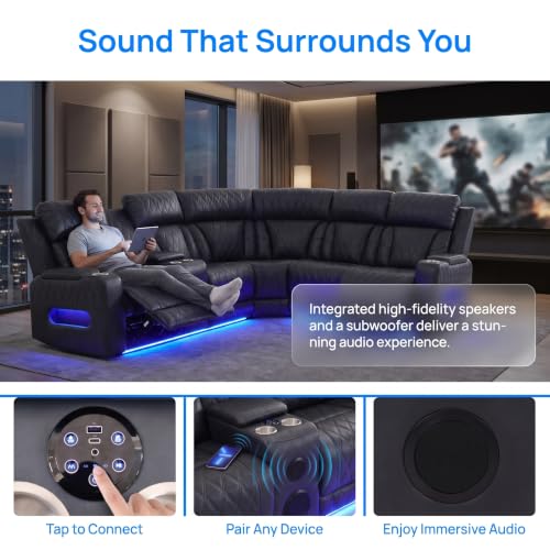 Image of Power Recliner Leather Sectional Sofa with Bass Speakers, Cup Holder Storage for Home Theater