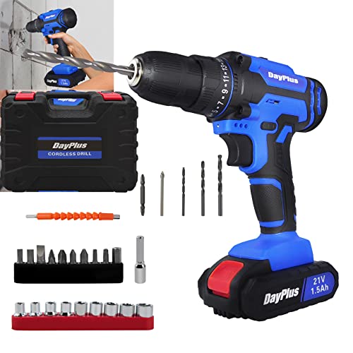 Power Drill 21 V Elektrische Bohrmaschine, 3/8 Zoll Schnellspannbohrfutter, 45 Nm Drehmoment mit 26 Bohrer, 2 Stück 1,5…