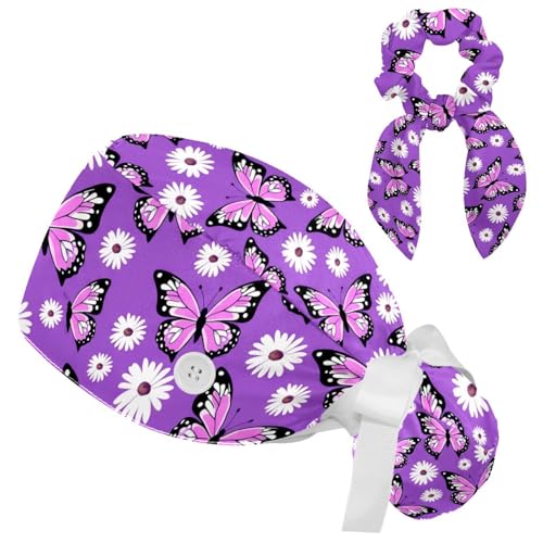 Image of Colored Butterflies Scrub Caps Women Ponytail, Adjustable Bouffant Surgical Caps with Button, Nurse Hats Long Hair