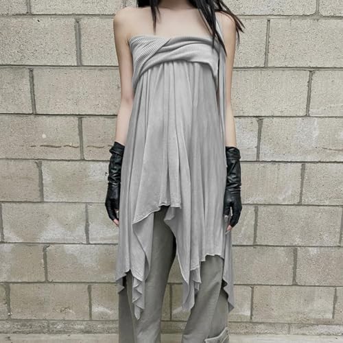 Women's Y2K Asymmetric Hem Ruched Mid Skirt Low Waisted Ruffles Mid Long Skirt Loose Flowy Elastic Waist Skirt3