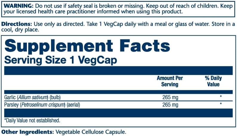 Miniatura 2 de SOLARAY Bulbo de ajo y hoja de perejil de 530 mg  Apoyo a la función cardiovascular y del sistema inmunológico  Sin OMG, vegano y verificado en