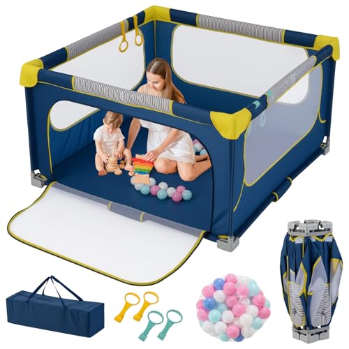 COSTWAY Box per Bambini 127 x 127 cm, Recinto per Bambini Pieghevole in Tessuto Oxford con Rete Traspirante, Box con Giochi che Include 50 Palline, 4 Pezzi Anelli e Borsa (Blu, 127 x 127 cm)