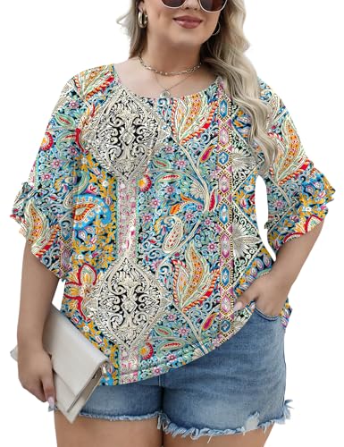 Image of Micoson Womens Plus Size Tops 3 /4 Ruffle Sleeve Crewneck Pleated Shirts