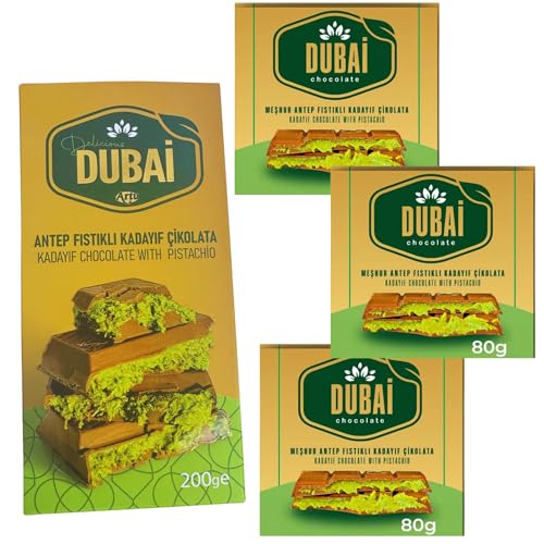 Dubai Chocolate Bar with Kadayif Pistachio Cream Individually Wrapped Sweets Treat UAE Dubai Kunefe Milk Chocolate Small Gifts for Snack Kids Family & Friend (Dubai chocolate 3x 80g & 200g)