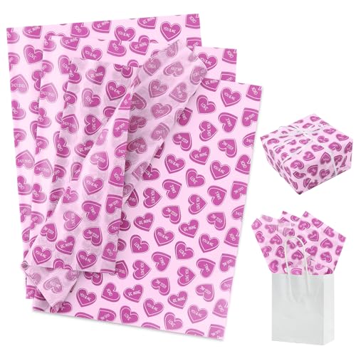 BEISHIDA Pink Purple Heart Mother's Day Tissue Paper Bulk,Love You&Kiss ME Wrapping Tissue Paper for Gift Bags, 14 x 20 Inch Gift Wrap for Valentines Wedding DIY Crafts Holiday Flowers-50 Sheets