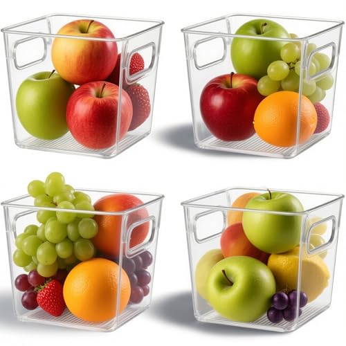 Fuutuu 4 Pack Clear Plastic Storage Boxes for Fridge, Freezer, Cupboard, Pantry, Kitchen Organiser with Handles, Fridge Drawers for Food, Fruit, Vegetable, Snack