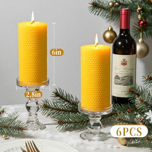 Image of Beeswax Pillar Candles,Non-Toxic Honeycomb Bees Wax Candle for Home,Yellow | 2.8x6 inch,6 Pack,258 H long clean Burning,100% Pure,natural unscented, smokeless,candle for home, emergency, prayer, dinner
