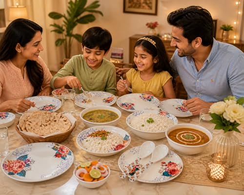 Image of Arova 32 Pieces Melamine Dinner Set for 6 Persons | Unbreakable & Lightweight Crockery Set | Floral Design Plates & Bowls Set | Serving Bowls, Spoons & Lids | Dishwasher Safe Dinnerware Set