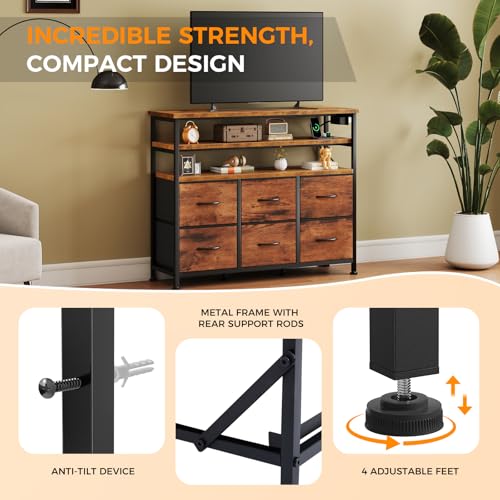 Image of NEWBULIG Dresser TV Stand with 6 Fabric Drawers and 2 Shelves, TV Media Console Table for Up to 45 inch, Entertainment Center with Charging Station for Living Room Bedroom, Rustic Brown