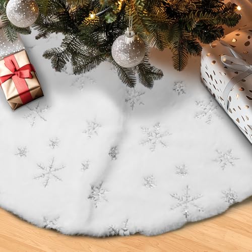 White Faux Fur Christmas Tree Skirt - Soft, Fluffy Snow Tree Skirt for Xmas Trees - Elegant Farmhouse Holiday Decor - Christmas Tree Rug Skirt for Party Essentials (Sliver, 48 Inch)