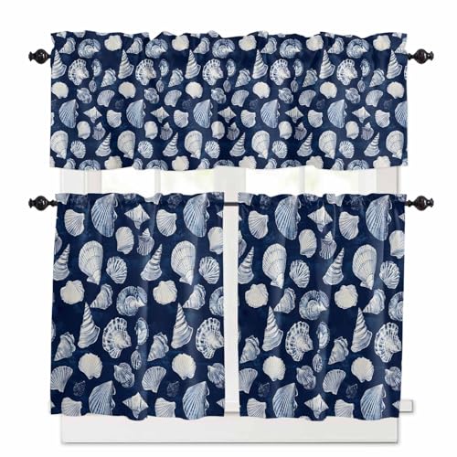 Navy Blue Coastal Kitchen Curtains 36 Inch Length, 3 Piece Rod Pocket Small Half Tiers and Valance Set, Shell Conch Summer Beach Nautical Small Large Window Treatment Decor for Bedroom/Bathroom Sink