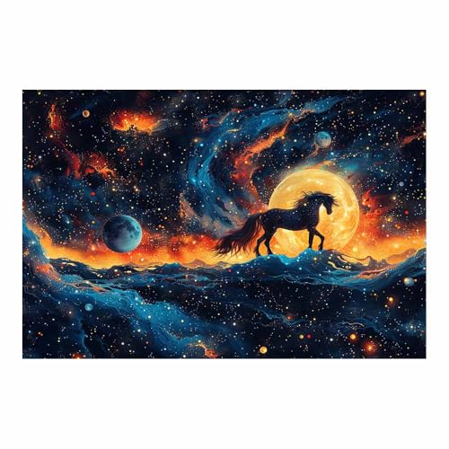 Cheval galaxie peinture sur toile déco murale salon animaux bleu lune étoiles