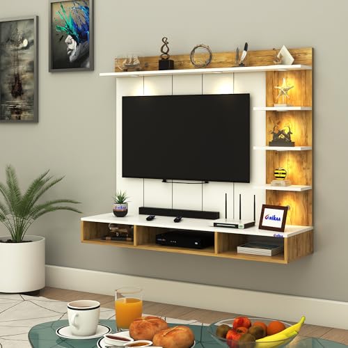 Image of Anikaa Tyron Engineered Wood Wall-Mount TV Unit with PVC Back Panel & LED Lights | TV Cabinet with Storage Box & Decorative Shelves (Gaintwood /White) | Ideal for TVs up to 55 Inch | DIY Installation