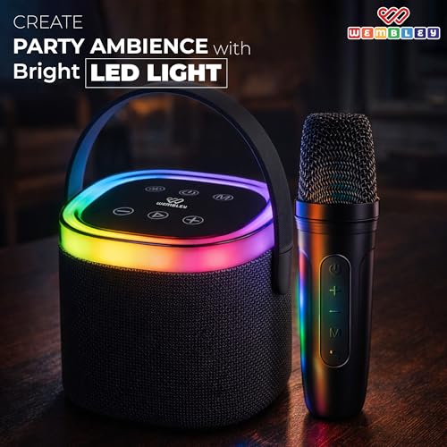 Image of Wembley Karaoke Speaker with Wireless Mic | 5 Voice Modes Mic with Portable Bluetooth Speaker | Splashproof Long Playtime 360 Surround Sound with RGB Lights | Ideal Gift Karaoke System for Home